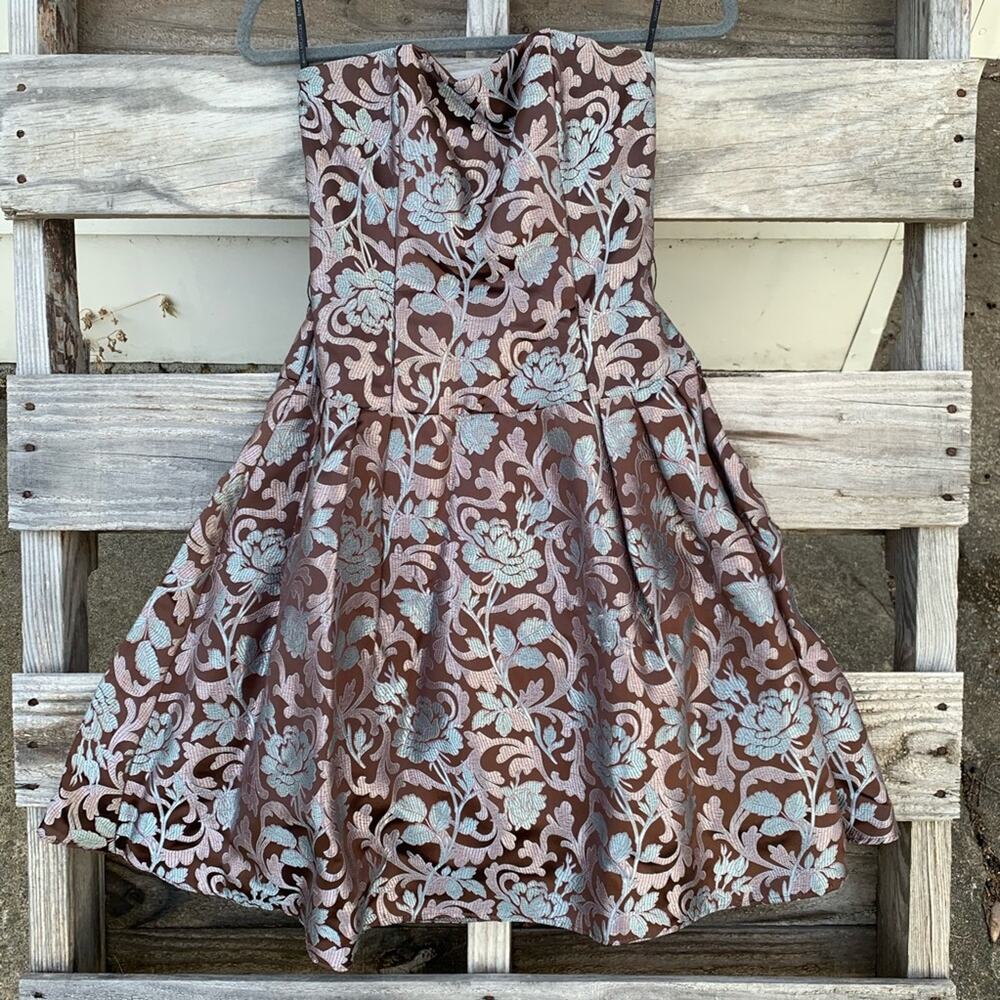 Jessica McClintock brown blue metallic floral vintage 90s prom cocktail dress - Picture 5 of 7